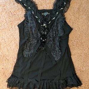 Black Sequined Butterfly Lace Blouse